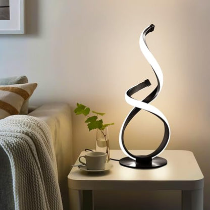 Modern Dimmable LED Spiral Touch Table Lamp for Nightstand | 3 Color Temperature Desk Lamp, Unique Bedside Light for Living Room, Bedroom, Cool Lamps for Ideal Gift, Black - style: S-Shape-Black