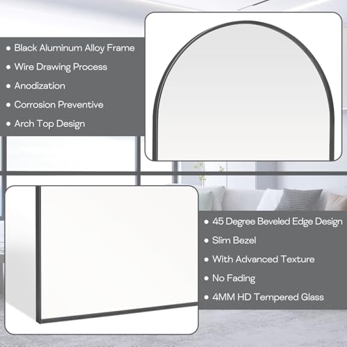 Black Arched Mirror 16x20in, Metal Framed Bathroom Vanity Wall | Tempered Glass, Shatter Proof, Living Room Bedroom Entryway, Modern Elegant Design - color: Black, size: 20"L x 16"W, style: Arched