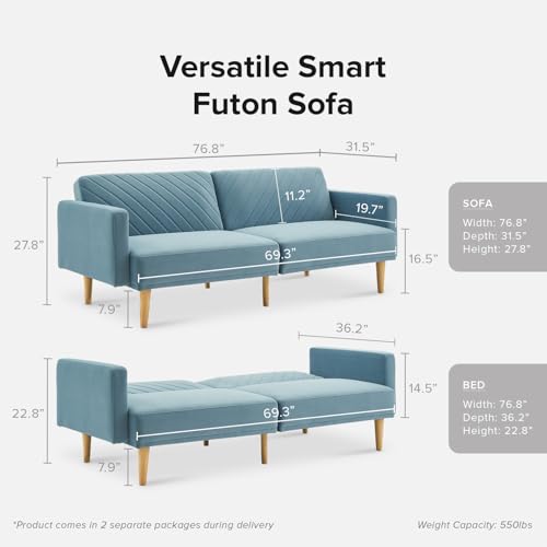 mopio 76.4" Futon Sofa Bed Chevron Styled, Sleeper Couch (Sky Blue Velvet) | Two-in-one seat and crash pad with plush cushioning; tapered legs add retro charm to tight rooms. - color: Sky Blue Premium Velvet