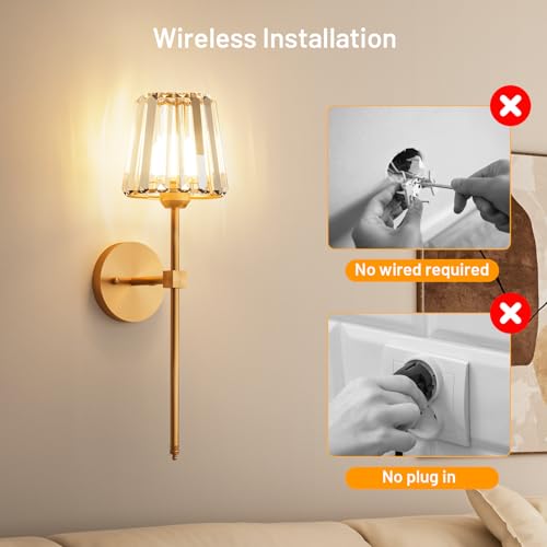 Crystal Battery Operated Wall Sconces Set of 2, Gold Rechargeable Wireless Wall Sconce Lights with Crystal Lampshade, 12 RGB and 3CCT Dimmable Wall Lamps with Remote for Bedroom Living Room Hallway - color: Gold