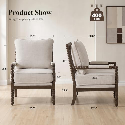 DUHOME Chenille Fabric Spindle Accent Chair Set of 2,Bobbin Chair with High Resilience Spring Cushion and Armrest Pads, Leisure Armchair for Living Room Bedroom Farmhouse Home Office Belcony - color: Dark Walnut+grey, size: 2 pcs