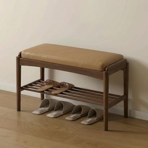 Black Walnut Shoe Bench Assembled, Solid Wood Shoe Rack Bench with Silicone Leather Cushion for Entryway, Living Room, Bedroom, Hallway - color: Brown Cushion, size: 31.5"W