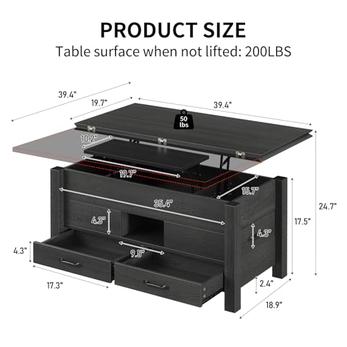 39.4" Lift Top Coffee Table 180° Flip Convertible Center with 4 Drawers Hidden Storage Silent Gas Multi-Function Rising Workstation for Living Room Apartment Home Office Black