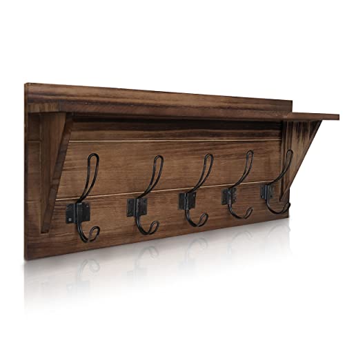 HBCY Creations Rustic Brown Solid Wood Wall Mounted Coat Rack with Shelf, 5 Hooks, 24" Long - Kitchen, Mudroom, Entryway, Bathroom - Includes Mounting Hardware, Coat Hanger, Dog Leash Hooks - color: 1- Rustic Brown