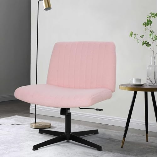 Criss Cross Chair, Armless Cross Legged Office Chair, Comfortable Vanity Chair with Back, Fabric Adjustable Wide Swivel Criss Cross Desk Chair for Home Office, Pink - color: Pink