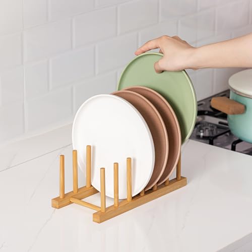 HBlife 4pcs Bamboo Dish Plate Bowl Cup Book Pot Lid Cutting Board Drying Rack Stand Drainer Storage Holder Organizer Kitchen Cabinet（Keep Dry） - color: Bamboo 6 Slots 4pcs
