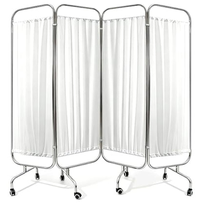 4-Panel Medical Privacy Screen, 79" W X 71" H Portable Room Divider with Lockable Wheels, Movable Stainless Steel Folding Room Partitions for Hospital, Clinic, Bedroom, Salon, White