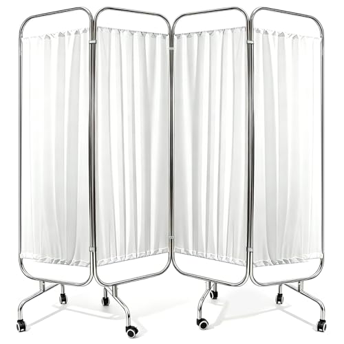 4-Panel Medical Privacy Screen, 79" W X 71" H Portable Room Divider with Lockable Wheels, Movable Stainless Steel Folding Room Partitions for Hospital, Clinic, Bedroom, Salon, White