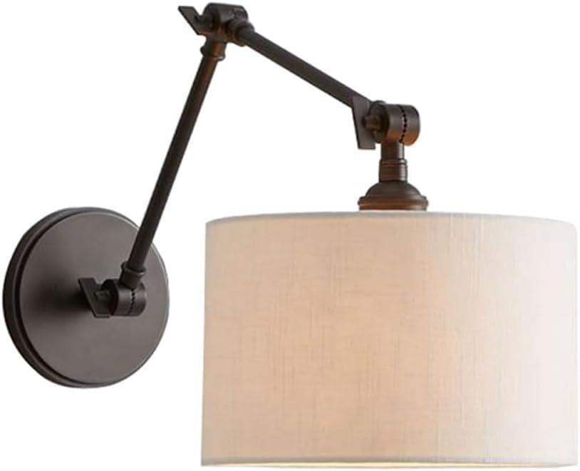 Black Bedside Wall Lamp with White Fabric Drum Shade, Modern Swing Arm Wall Sconce, Adjustable Wall Lighting Fixtures, Hardwired Wall Mounted Reading Light for Bedroom Living Room Hallway