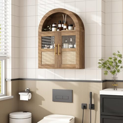 RUSTOWN Arched Bathroom Wall Cabinet with 2 Glass & Rattan Doors | Rattan Medicine Cabinet, Farmhouse Over the Toilet Storage Cabinet, Adjustable Shelves, 3-Tier Wall Mounted Cabinets - color: Rustic Oak