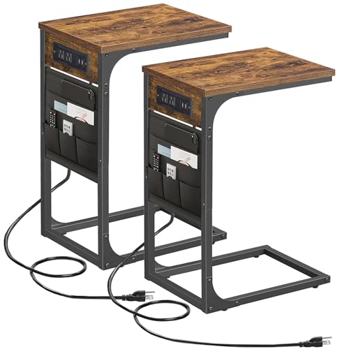 TUTOTAK C Shaped End Table with Charging Station, Side Table for Sofa | Couch Table with Storage Bag, TV Tray with 2 USB Ports and Outlets, Set of 2, Living Room and Bedroom, Brown TB01BB0242 - color: Brown, size: 2 Pack (11.8"W), style: With Plug