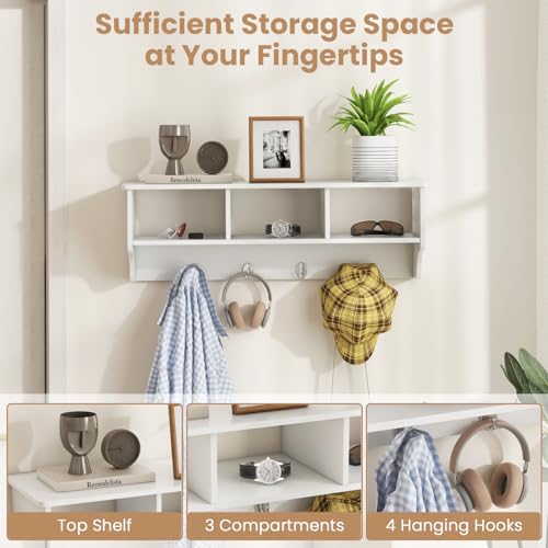 RELAX4LIFE Coat Rack Wall Mount with Shelf, 31’’ Wood Hanging Shelf with Storage, 3 Cubby Compartment & 4 Hooks for Entryway Bathroom Kitchen, Wall Mounted Floating Shelf with Hooks (White) - color: White