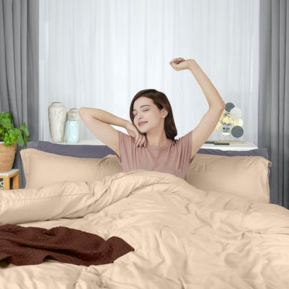 Duvet Cover Queen, 3 Piece Cotton Like Polyester With Zipper Closure, Beige | Extra Soft and Breathable, Wrinkle & Fade Resistant, Includes Duvet Cover and 2 Pillow Shams, Comforter Not Included, OekoTex - color: Beige, size: Queen - Duvet Cover Set