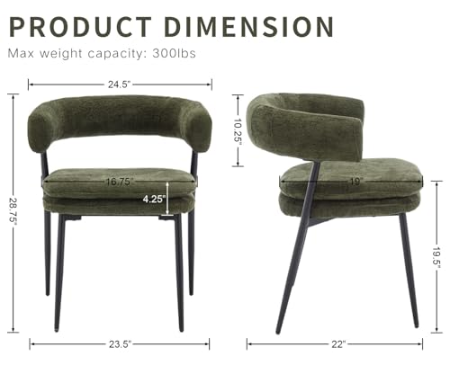ROCITY Green Dining Chairs Set of 2 Modern Upholstered Kitchen Chairs | Curved Barrel Back, Black Metal Legs, Chenille Fabric, Side Chairs for Dining Room/Restaurant - color: Olive Green, size: 2PCS
