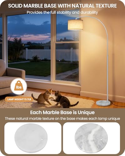 75" Arc Floor Lamp with Marble Base and Adjustable Height, Rotating Hanging Shade, Dimmable Floor Lamp for Living Room with Remote and Foot Switch, 3CCT, Beige Shade and Silver Pole SE15LD05N1 - color: Silver + Beige