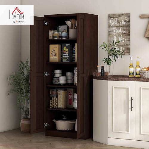 HOMCOM 63" 2-Door Kitchen Pantry 5-Tier Cinnamon Cherry Wood Grain | Freestanding Storage Cabinet, Shelving, 2 Adjustable Shelves, for Dining Room - color: Cinnamon Cherry Wood Grain