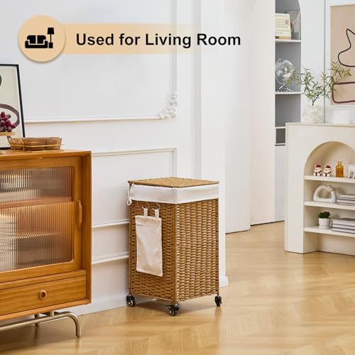 Handwoven Hamper with Lid, Laundry Basket with Wheels, Machine Washable Liner, Clothes Hamper for Bathroom Laundry Room Bedroom(Rattan, 78L) - color: Rattan/With Lid/78L