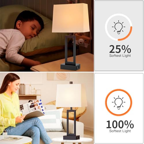 23.5" Touch Control Table Lamps Set of 2, Bedside Lamp with 2 USB Ports & AC Outlet, 3-Way Dimmable Nightstand Lamp with White Linen Shade for Living Room Bedroom End Table Office(2 LED Bulb Included) - color: White