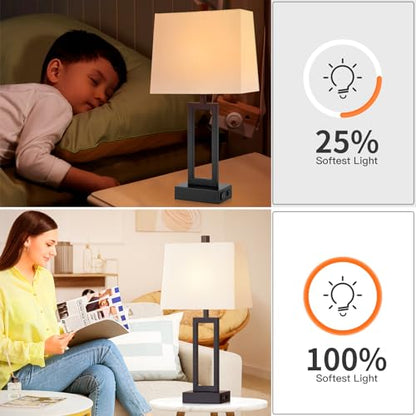 23.5" Touch Control Table Lamps Set of 2, Bedside Lamp with 2 USB Ports & AC Outlet, 3-Way Dimmable Nightstand Lamp with White Linen Shade for Living Room Bedroom End Table Office(2 LED Bulb Included) - color: White