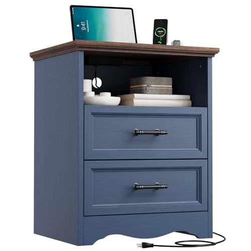 YANSNWO Blue Nightstand with Charging Station, 19.7" 2-Drawer End Table | 2 USB Ports & 2 AC Outlets, Brushed Metal Handles, Unique Base Design, Modern Farmhouse for Bedroom/Living Room/Hallway - color: Blue, size: 15.6"D x 19.7"W x 23.6"H (2 Drawers)