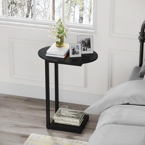 Hosfais Small Side Table End Table, C-Shaped Couch Tables | Wood Coffee Table TV Tray for Small Space, Bedroom Living Room (Black) - color: Black, size: Oval