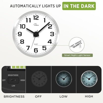 Night Light Wall Clock for Bedroom, 12 Inch | Silent, Lighted up Glow in the Dark, Battery Operated, Easy to Read Large Digital Display - color: Silver