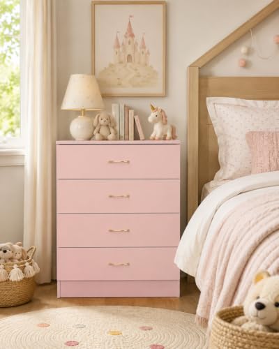 Karl home Pink 4 Drawer Dresser, Modern Small Chest of Drawers | Compact Dresser Chest with 4 Storage Drawers, Multipurpose Furniture for Bedroom, Nursery, Hallway, Living Room, Closet - color: Pink, size: 13"D x 26"W x 28.7"H (4 Drawers)