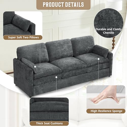 89" Chenille Soft Sofa w/Well-Filled Backrests, Grey | Modern Couch w/Plump Pillows, 3 Seater Upholstered Couch w/Thick & Comfy Cushions for Living Room, Bedroom - color: Grey, size: Sofa