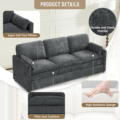 89" Chenille Soft Sofa w/Well-Filled Backrests, Grey | Modern Couch w/Plump Pillows, 3 Seater Upholstered Couch w/Thick & Comfy Cushions for Living Room, Bedroom - color: Grey, size: Sofa