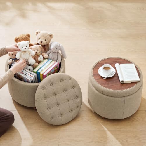 25" Round Ottoman with Storage, Small Coffee Table with Reversible Tray Lid | Tufted Fabric Round Storage Ottoman with Solid Wood Legs, 3-in-1 Footrest for Living Room, Bedroom, Entryway, Coffee - color: Coffee