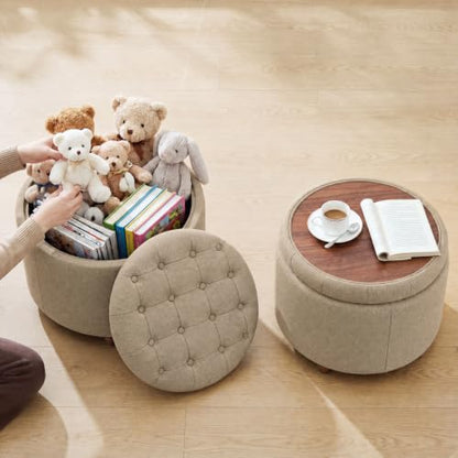 25" Round Ottoman with Storage, Small Coffee Table with Reversible Tray Lid | Tufted Fabric Round Storage Ottoman with Solid Wood Legs, 3-in-1 Footrest for Living Room, Bedroom, Entryway, Coffee - color: Coffee