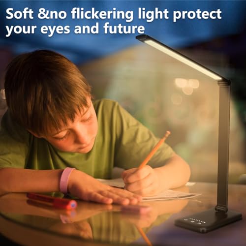 White crown LED Desk Lamp Dimmable Table Lamp Reading Lamp with USB Charging Port, 5 Lighting Modes, Sensitive Control, 30/60 Minutes Timer (Black, First-Generation) - color: Black, size: first-generation