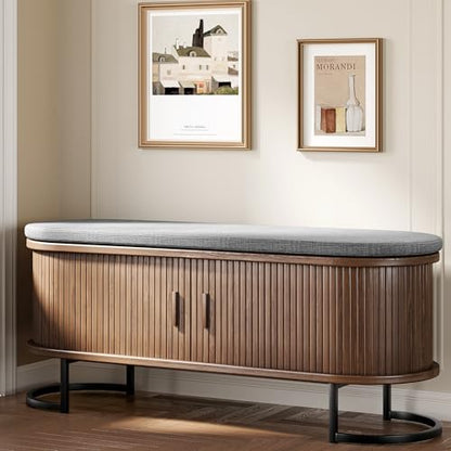 Decofy 47.2'' Entryway Storage Bench Seat with Sliding Door, Large Shoe Bench with Sturdy Metal Feet & Soft Cushion, Multi-Scene Use for Entrance, Bedroom & Living Room（Walnut） - color: Walnut