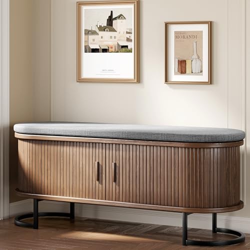 Decofy 47.2'' Entryway Storage Bench Seat with Sliding Door, Large Shoe Bench with Sturdy Metal Feet & Soft Cushion, Multi-Scene Use for Entrance, Bedroom & Living Room（Walnut） - color: Walnut