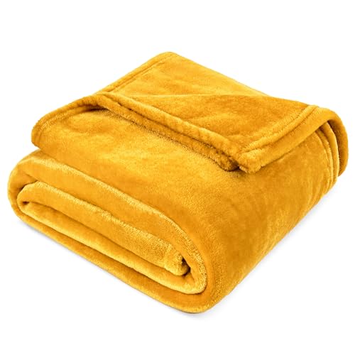 PAVILIA Mustard Yellow Fleece Bed Blanket Queen Size, Gold Super Soft Fuzzy Flannel Throw for Couch Sofa, Luxury Plush Microfiber Large Throw Blanket Queen Bed, Home Cozy Velvet Gift Blanket, 90x90 - color: Mustard Yellow, size: 90 x 90 Inches - Queen
