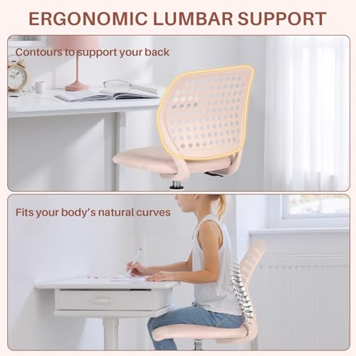 FurnitureR Armless Rolling Kids Desk Chair with Breathable Back and Padded Seat, Ergonomic Adjustable Height Swivel Compact Study Computer Task Chair for Teens Adults, Blush Pink - color: Blush Pink