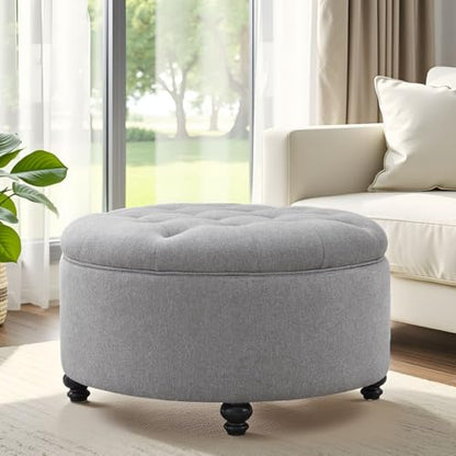 HUIMO 30-Inch Round Storage Ottoman, Button Tufted Coffee Table(Grey) | Ottoman Coffee Table with Removable Top, Upholstered Ottoman with Storage, Footrest Stool for Living Room, Bedroom and Office - color: Grey