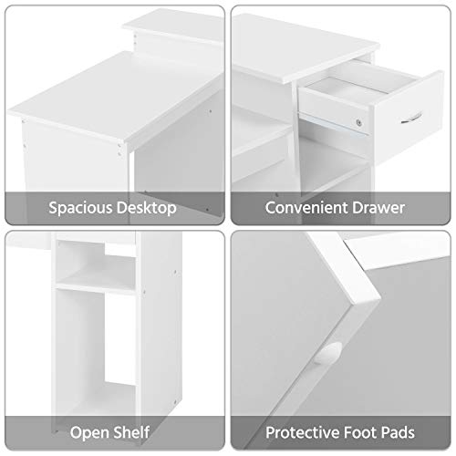 Yaheetech White Computer Desk and Chair Set with Drawer, Shelves, Mesh Seat | Particle Board and MDF Build a Sturdy Desk with a Drawer and Elevated Platform, Paired with a Mesh Chair for Adults. - color: White