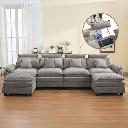 134'' Cloud Modern 4 Seater Couch with Detachable Headrest, Modular Sectional Sofa with 2 Ottoman, Oversized U Shape Chenille Comfy Sofa with Armrests for Living Room, Light Grey - color: Light Grey, size: U Shaped Couch