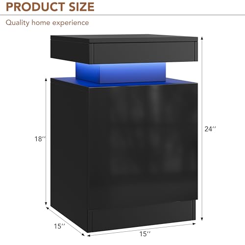 Nightstands Set 2, 15 Inches LED Night Stand Set of 2, Modern Bedside Table with LED Lights, High Gloss Surface, End Table with Storage for Bedroom, Black - color: Black-15"