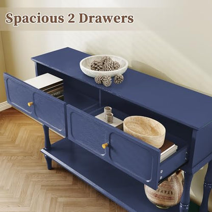 ARTPOWER 47" Mid-Century Console Table, 2 Drawers and Open Shelf, Blue | Entryway Table with Storage, Narrow Behind Couch Table for Living Room, Foyer, Hallway - color: Blue