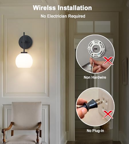 Black Wireless Rechargeable Wall Sconces with Remote Control, Battery Operated Wall Sconce Set of 2, LED Dimmable Wall Lights with Opal White Glass Shade, 12 Colors RGB & 3 CCT Bulb - color: Matte Black & Opal Glass, size: Battery 12 Inch