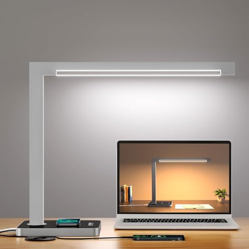 Aluminum LED Desk Lamp with Charging Station, 15W Table Lamp Work | with Type-C Ports & 4 Color Temperature Modes(3000K-6000K), Dimmable Desk Light for Home Office,Bedroom (Includes Adapter) - color: Silver