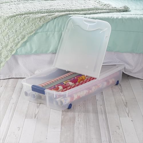 Clear Underbed Storage Bin with Lid, Wheels, and Security Lock, 66 Quart, Blue, 39.5x20.25x7 Inch