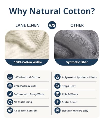 LANE LINEN Queen Blanket - 300 GSM Cotton - Warm & Cozy Blanket - Softer, Durable, Breathable & Classic Waffle Texture - Great for Everyday Bed Use & Relaxing on Couch - 90x90 inches - Sugar Swizzle - color: 07: Sugar Swizzle, size: Queen