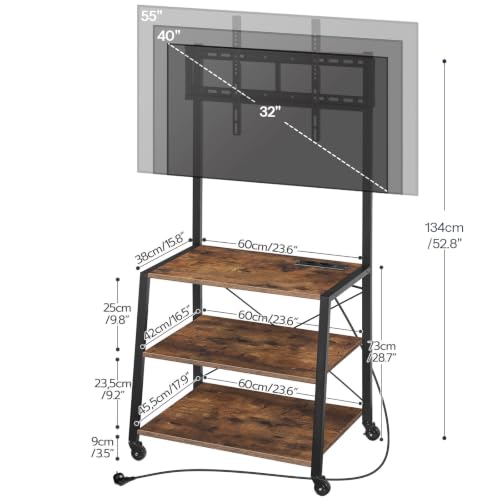 HOOBRO Rolling TV Stand with Mount and Power Outlet Up to 55 inch TV, Corner Entertainment Center, Small TV Stand with 3-Tier Storage Shelves for Living Room, Bedroom, Rustic Brown and Black BF66UDS01 - color: Rustic Brown and Black