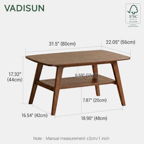 100% Solid Wood Coffee Table for Living Room, 31.5" Small Tables with Shelf Storage, Mid Century Modern Storage Coffee Table with Rounded Corners (Oak Wood Walnut Color) - color: Walnut, size: 31.5''l X 19.68''w X 17.32''h