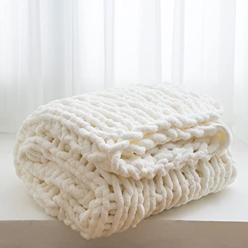 WESHIONGOO Chunky Knit Throw Blanket 51"×63" Cream White | Knitted Throw blankets for Couch Bed Fluffy Soft Blanket With Jumbo Chenille Yarn Thick 100% Handmade - color: Cream White, size: 51"x63"(Large Size Throw)