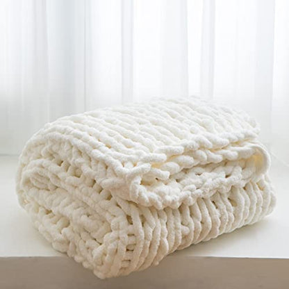 WESHIONGOO Chunky Knit Throw Blanket 51"×63" Cream White | Knitted Throw blankets for Couch Bed Fluffy Soft Blanket With Jumbo Chenille Yarn Thick 100% Handmade - color: Cream White, size: 51"x63"(Large Size Throw)