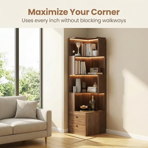4 Tier Corner Bookshelf with Drawers, L Shaped Freestanding Corner Bookcase with LED Lights and Baffle, Space Saving Display Shelf for Living Room, Bedroom, Home Office, Kitchen(Walnut) - style: Walnut-with drawers